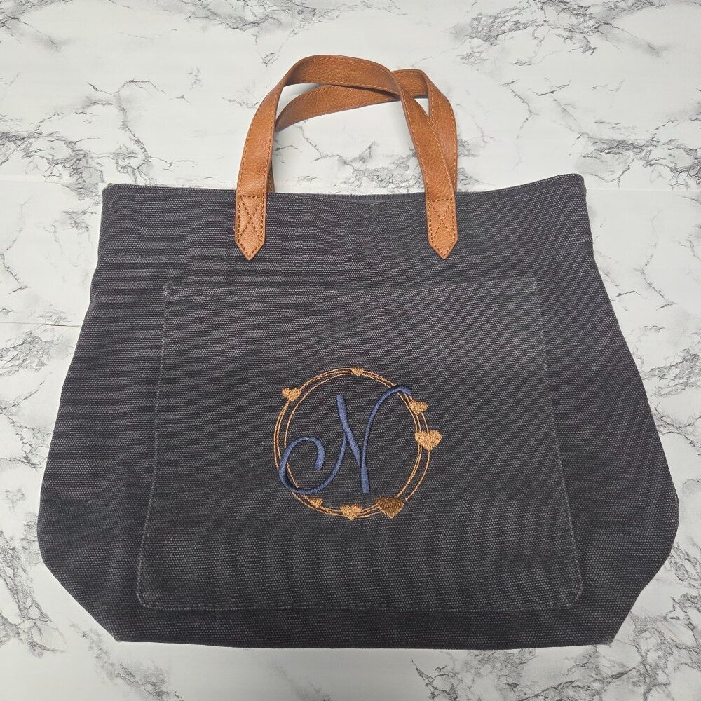 Thirty-One Navy Blue Canvas Purse with Brown Handles Personalized Embroidered N